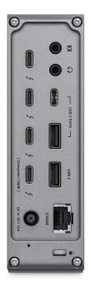 CalDigit TS5 Dock Thunderbolt 5, back exterior, four thunderbolt ports, line in audio jack, headphone jack, USB-C port, 2 USB-A ports, DC in 20 v 12 A, 2.5GB Ethernet port