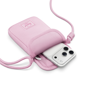 Sac bandoulière Cloudform pour iPhone de Herschel, coloris rose, fermeture éclair sur le dessus ouverte, poche intérieure, iPhone glissé dans une pochette rembourrée