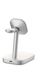 Mophie 3‑in‑1 Wireless Charge Stand, rear exterior, white colour, rounded corners, three distinct charging areas: bottom base pad, elevated centre mount back, elevated watch arm, base rear USB‑C port