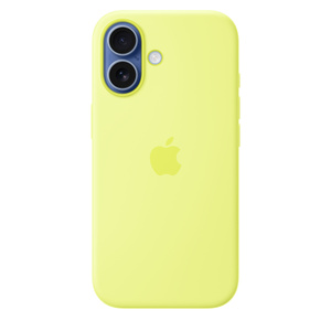 Coque en silicone jaune fluo avec Magsafe pour iPhone 17, face arrière, logo Apple intégré au centre, fixée à un iPhone 17 brume visible à travers la découpe pour les caméras
