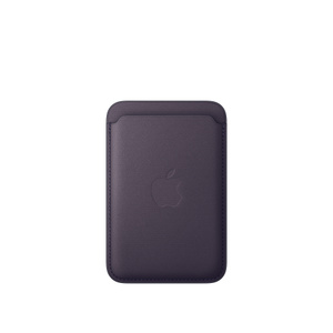 Parte posterior de una cartera de FineWoven morado medianoche con MagSafe para el iPhone, con compartimiento para tarjetas en la parte superior, el logotipo de Apple en el centro y costuras en los bordes.