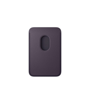 iPhone FineWoven Wallet with MagSafe in midnight purple colour, interior, cylindrical cutout reveals inside card slot, stitching along the edges.