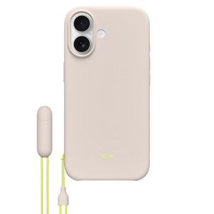 Funda en modo horizontal de Beats gris calizo puesta en un iPhone 17, con una correa con adaptador del mismo color, logo pequeño de Beats amarillo-verde neón en el centro de la parte inferior y acabado mate
