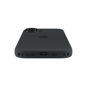 iPhone 17 Silicone case in black, attached to iPhone 17, bottom exterior, Crossbody Strap attachment holes on left and right side
