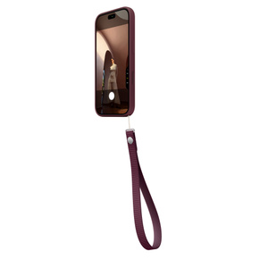 Wrist Strap, burgundy colour (dark red), attached to bottom right of iPhone 18 Pro Silicone Case in matching colour, side exterior, case covers all outer edges, raised silicone side button and flush Camera Control button, Camera app on screen, Camera Control button active