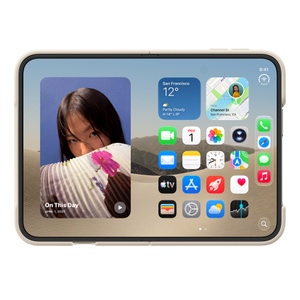 Kryt na iPhone Duo v pískové barvě (světle žlutohnědá), orientace na šířku, plně rozevřený, vnitřní displej, kryt chrání horní, boční a spodní hrany, na pravém boku výřez pro displej