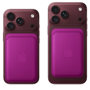 iPhone FineWoven Wallet with MagSafe in magenta colour (medium purplish-red), attached to iPhone 18 Pro and iPhone 18 Pro Max in burgundy colour (dark red), centred below Pro camera system, spans to left, right, and bottom edge