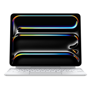 iPad Pro en posición horizontal con un Magic Keyboard blanco; el iPad flota sobre el teclado