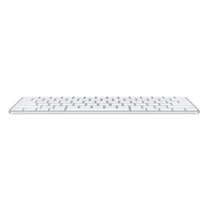 Magic Keyboard viser hvor tynt det er forfra, hvite taster, utførelse av aluminium i sølv, funksjonstaster i full høyde og opp/ned-piltaster i halv høyde