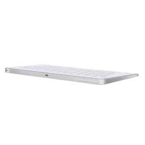Widok z tyłu na klawiaturę Magic Keyboard z włącznikiem i portem do ładowania USB-C, aluminiowa konstrukcja w kolorze srebrnym, białe klawisze 