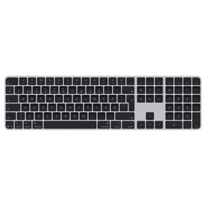Magic Keyboard Touch ID:llä ja numeronäppäimistöllä, mustat näppäimet, hopeanvärinen alumiinirunko, pyöreä Touch ID ‑tunnistin, täysikokoiset toimintonäppäimet