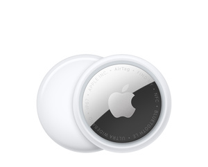 AirTag, circular shape, white color ring around outer edge, front exterior, reflective silver color material, Apple logo, centered, back exterior, white color