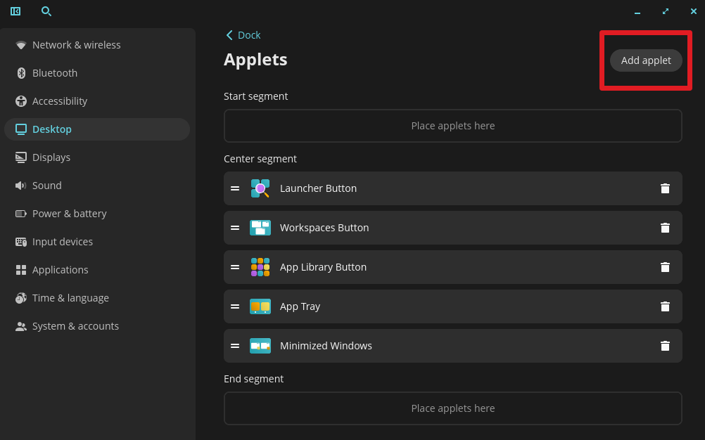 Add Applets in Pop 24.04 COSMIC Dock Settings
