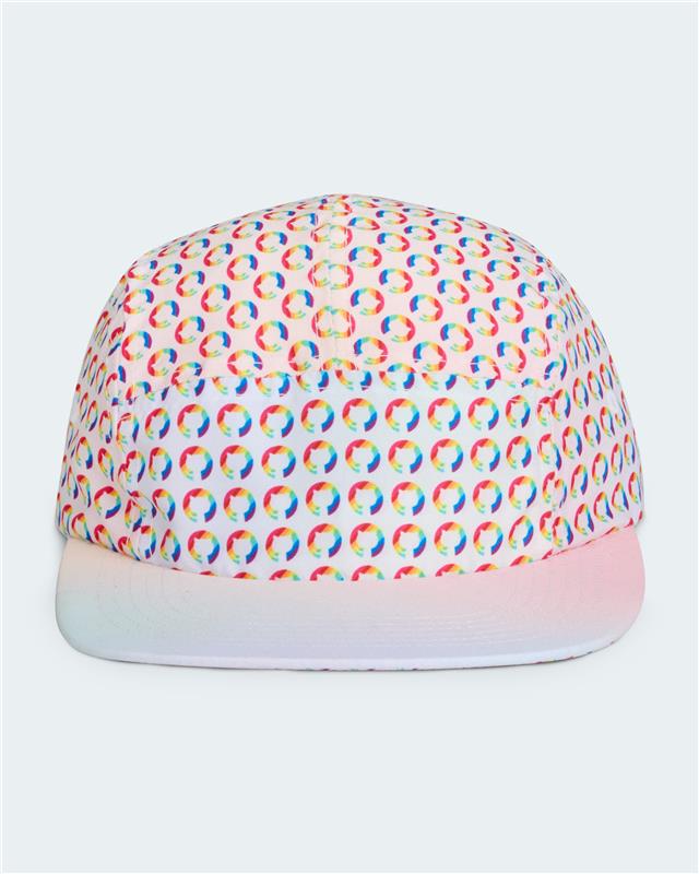 Front view of Light pastel 5-panel cap with repeating GitHub Pride logo pattern 
