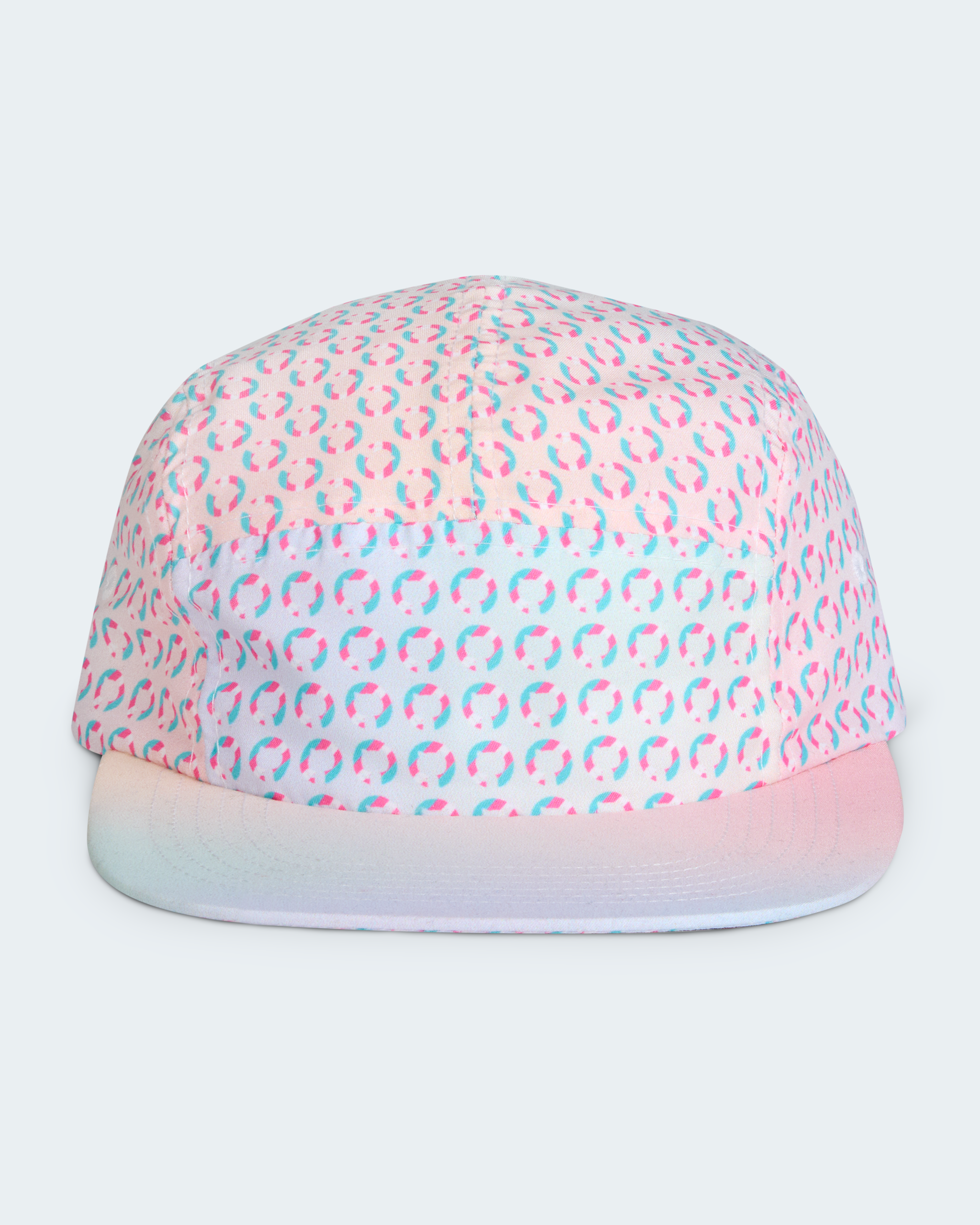 Front view of Light pastel 5-panel cap with repeating GitHub Trans Pride logo pattern 