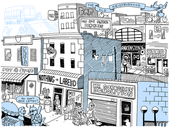 Old/New Neighborhood Prints (9"x12") Art Cat & Girl Old