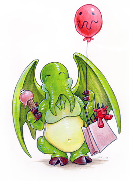 Cthulhu and Friend Prints Art Red Wombat Cthulhu's Day Out - 12x16 ($14)