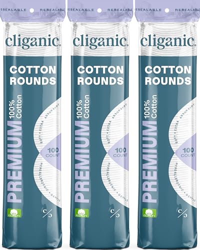 Cliganic Premium Cotton Rounds for Face (300 Count) - Makeup Remover Pads, Hypoallergenic, Lint-Free | 100% Pure Cotton