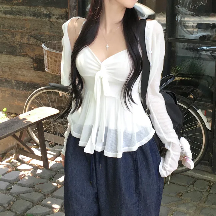 [가디건+나시set/핏보장💕] 유나 여리핏 리본 프릴 셔링 나시 시스루 크롭 가디건 세트 데이트룩 발레코어 여름/살안타템/여름가디건 - 에이블리 스토어 - 에이블리