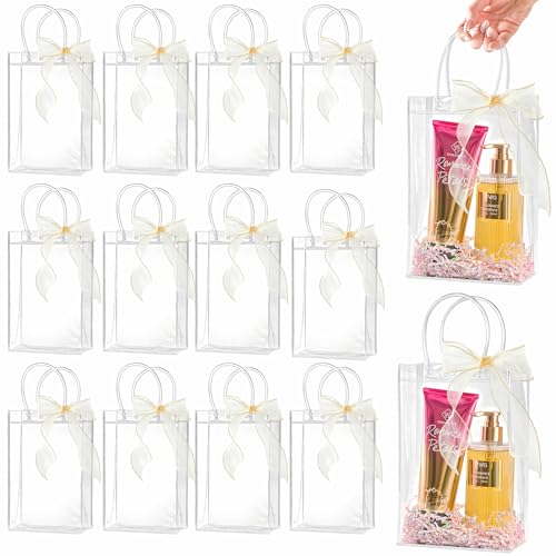 Ohuimrt 20 PCS Clear Plastic Gift Bags with Handles, Reusable Party Favor Bags with Ribbon Transparent Gift Wrap Bags Bulk for Weddings Birthdays, 6.3 x 9.84 x 3.15 Inches