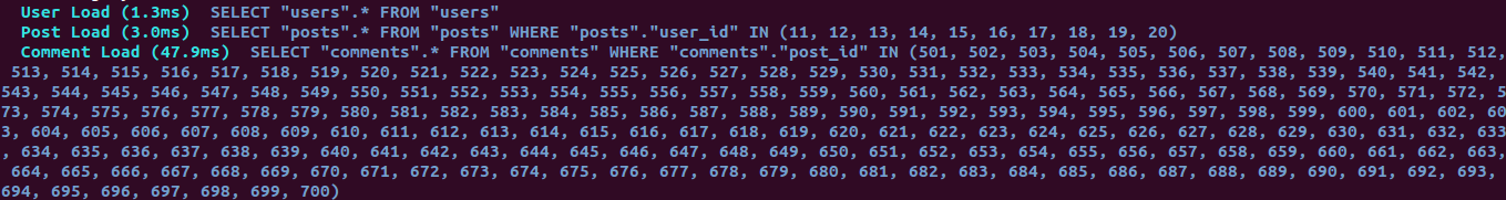 All data is loaded in just 3 queries, one for users, one for posts, and one for comments related to posts
