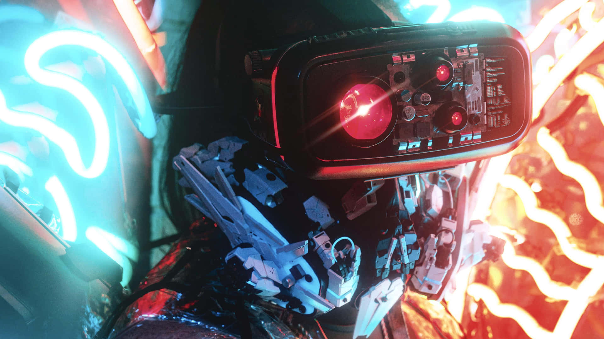 Umamulher Usando Um Headset De Rv Diante De Luzes De Néon. Papel de Parede