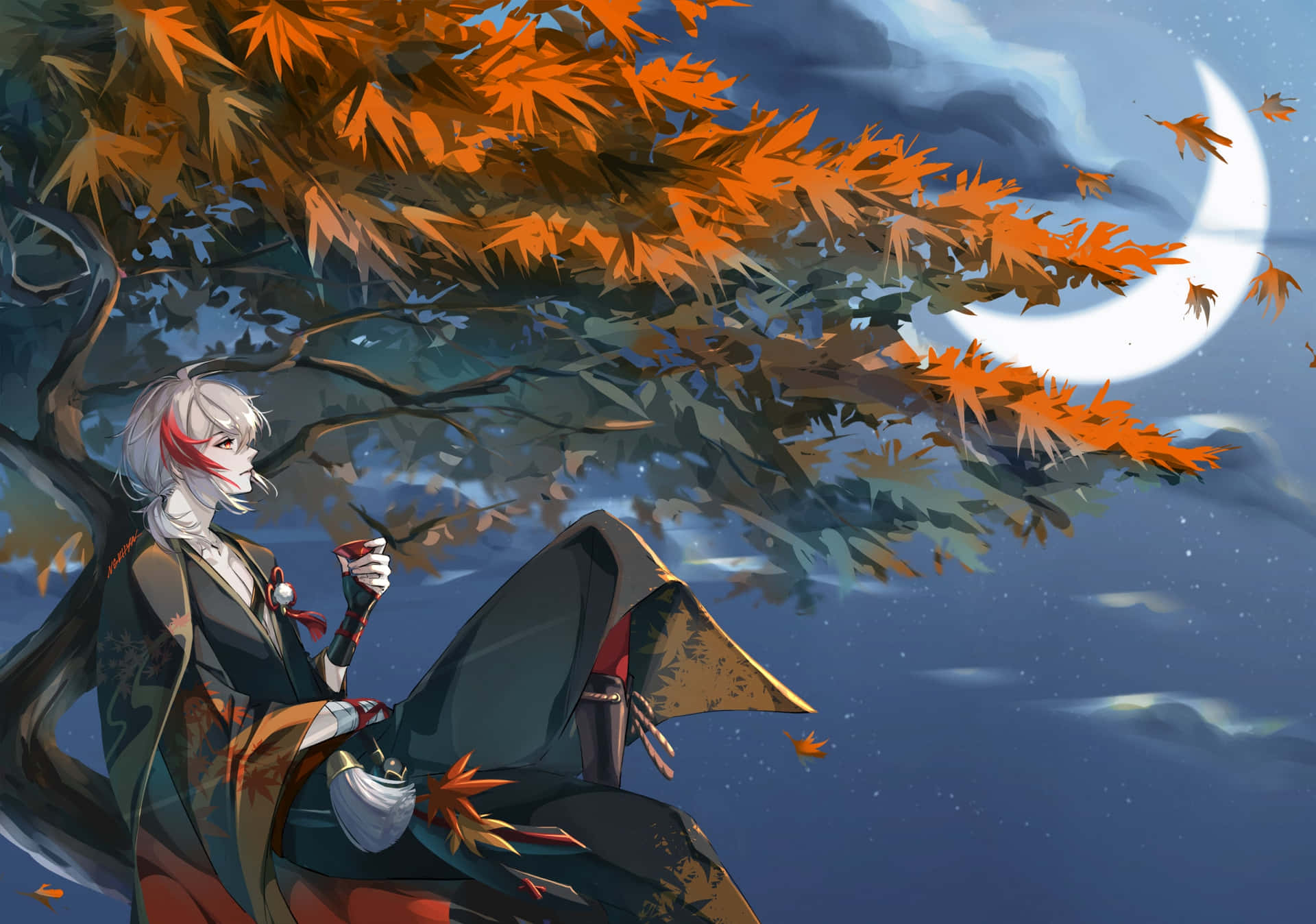Genshin Impact Kazuha På Toppen Av Treet Bakgrunnsbildet