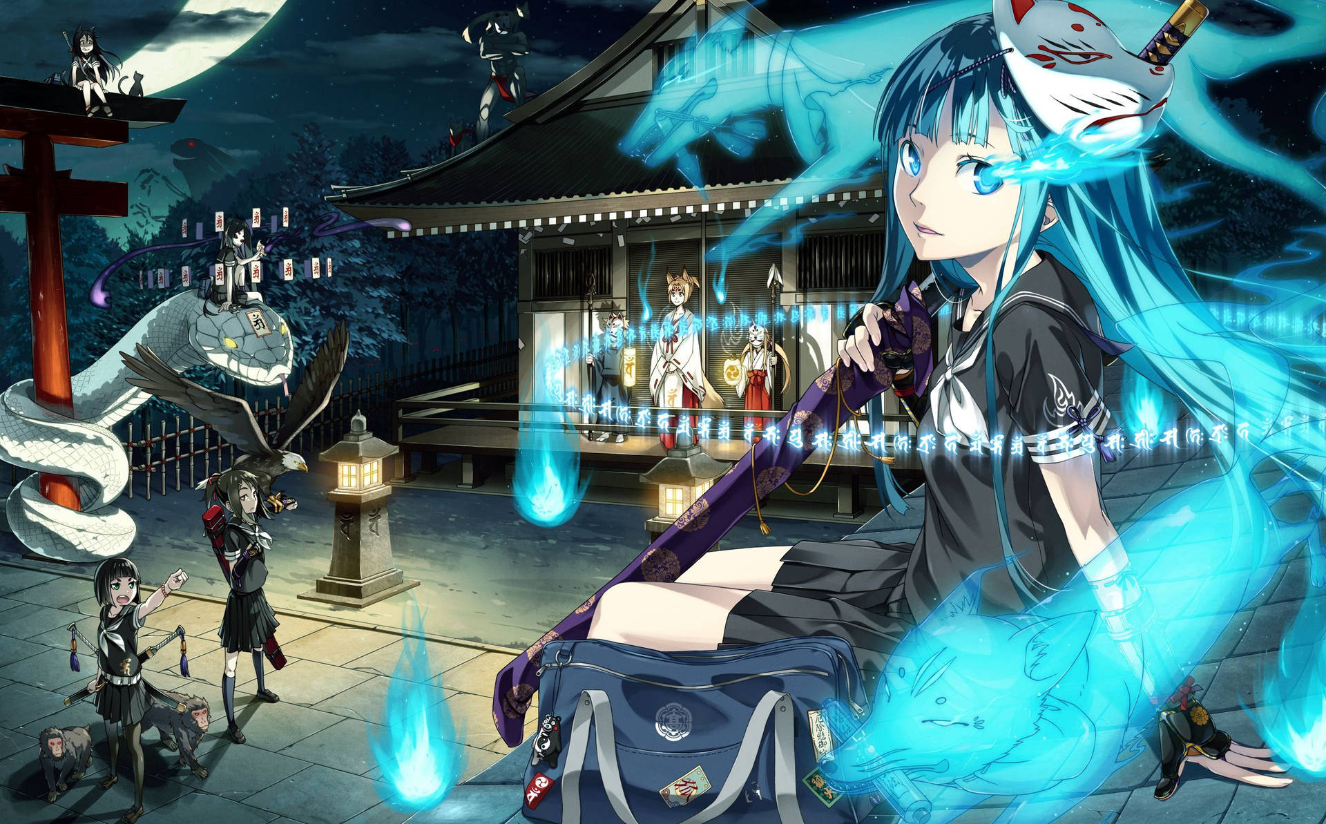 Almasde Kitsune Junto A Una Chica De Anime. Fondo de pantalla