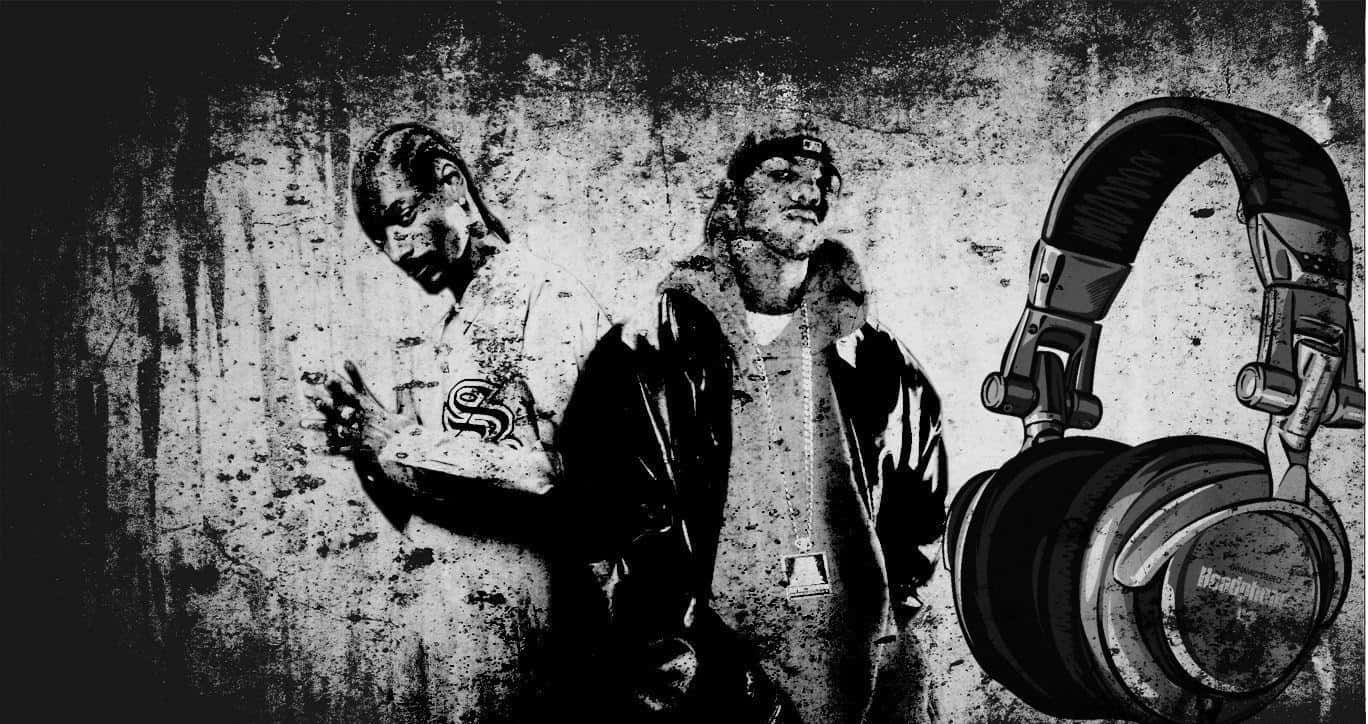 Fondode Pantalla Digital Con Auriculares Y Artistas De Rap.