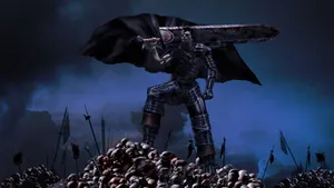 "Guts, the feared swordsman, ready for an epic battle in Berserk"