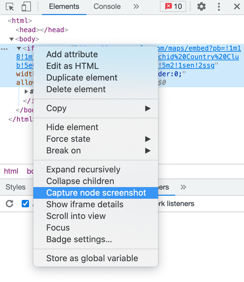 The 'capture node screenshot' option highlighted in a contextual menu in an HTML editor.