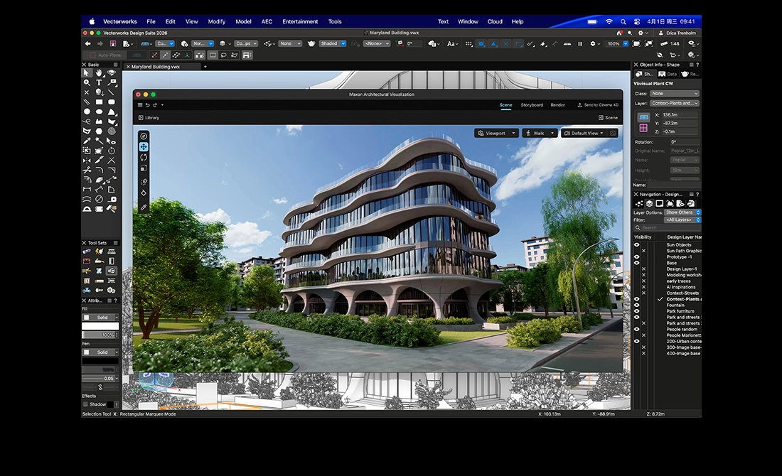 MacBook Pro 屏幕展示 Vectorworks Design Suite 和 Maxon Redshift。