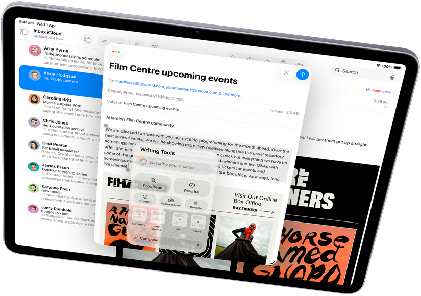 Landscape view of iPad Air showcasing Apple Intelligence, with Writing Tools and Mail
