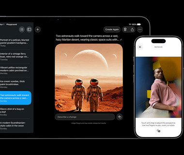 Apple Intelligence muestra imágenes de dos astronautas caminando por un desierto de Marte en un iPad Pro de 11 pulgadas y también ajusta la perspectiva de una foto en un iPhone 17 Pro.