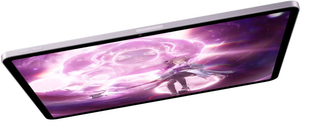 iPad Air i horisontal posisjon som viser et videospill, med to andre iPad Air-modeller nedenfor