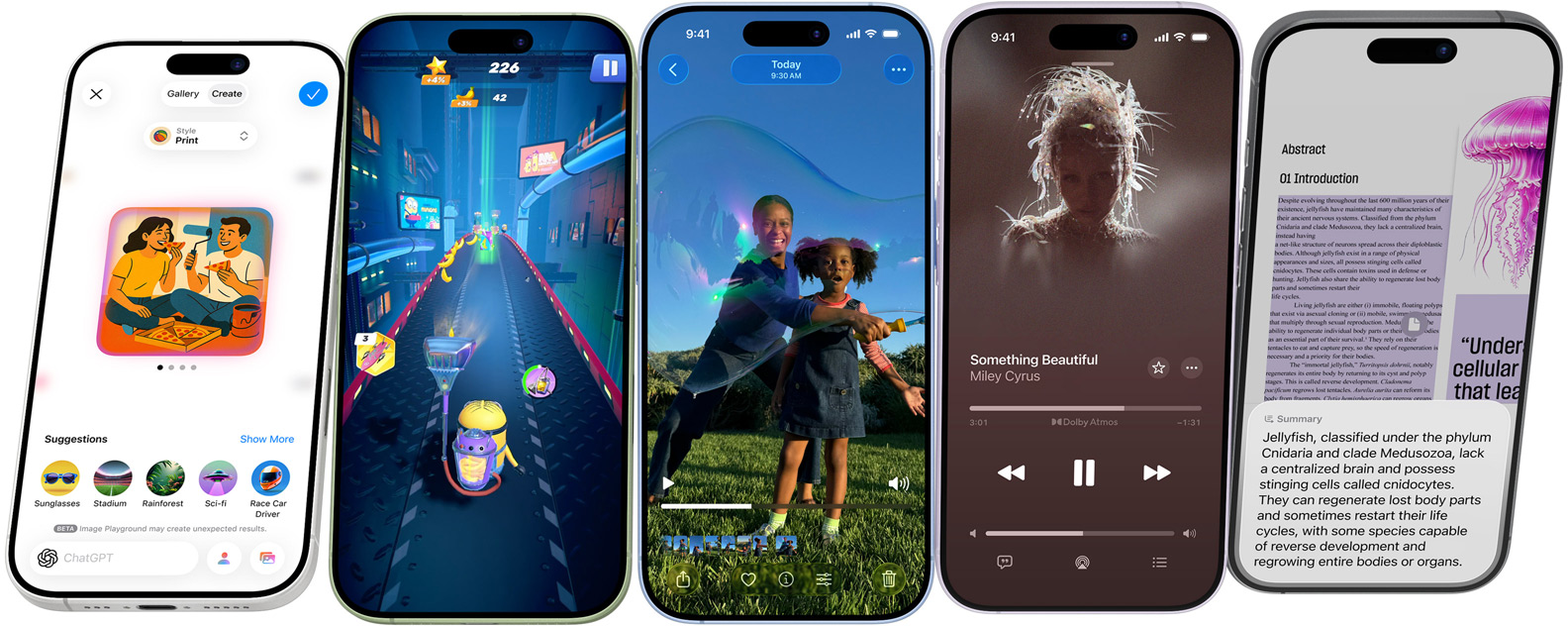 Plusieurs iPhone 17 basculant d’avant en arrière, s’arrêtant sur des écrans montrant des fonctionnalités de l’iPhone