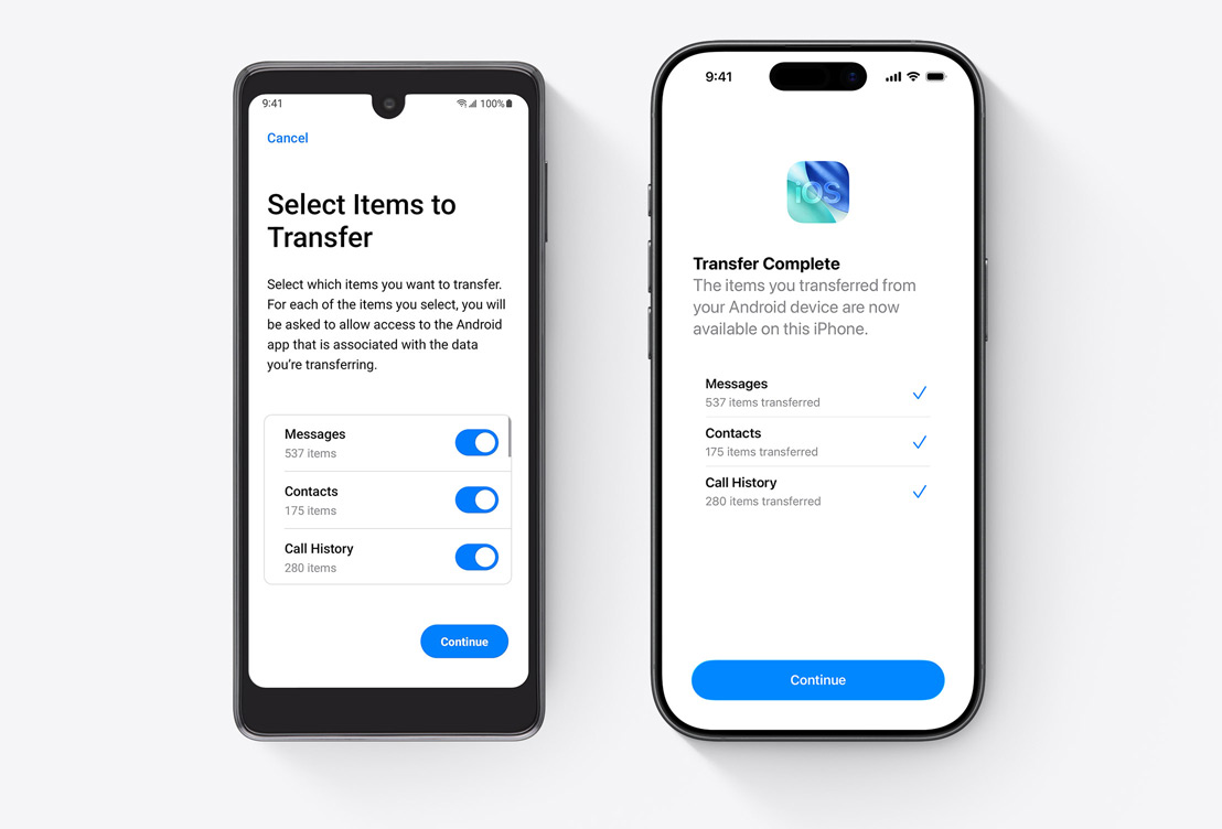 Android-scherm met de Stap over op iOS-app naast iPhone-scherm met de Stap over op iOS-app