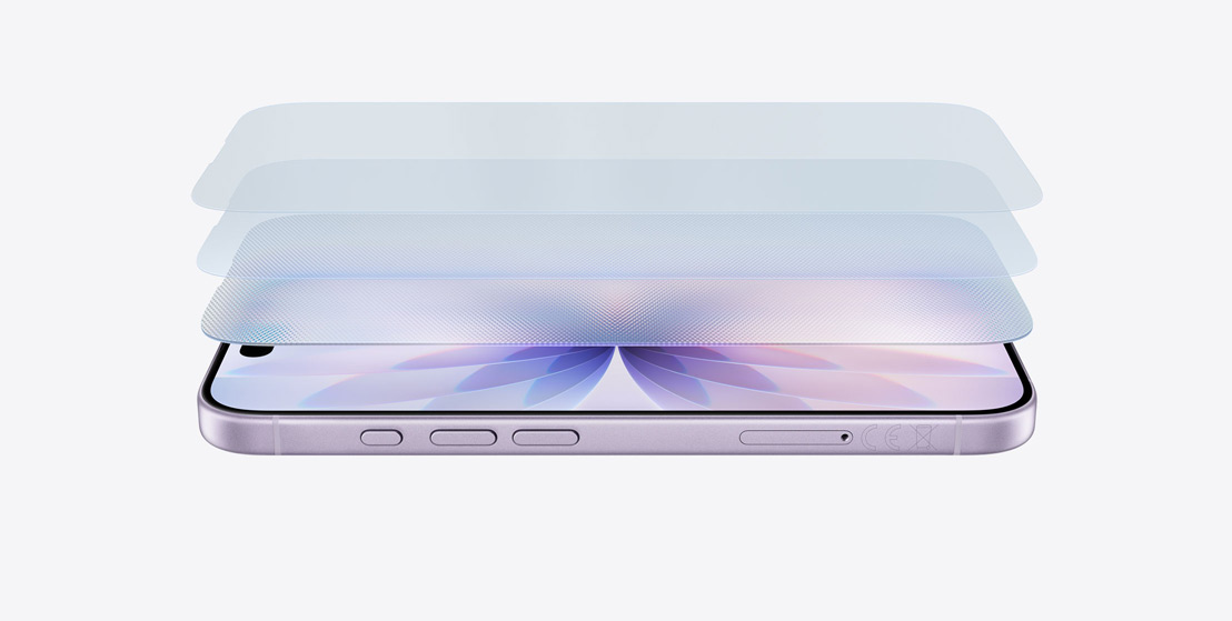iPhone 17 horisontalt på siden i lavendel finish med en lagvis design som viser Ceramic Shield 2