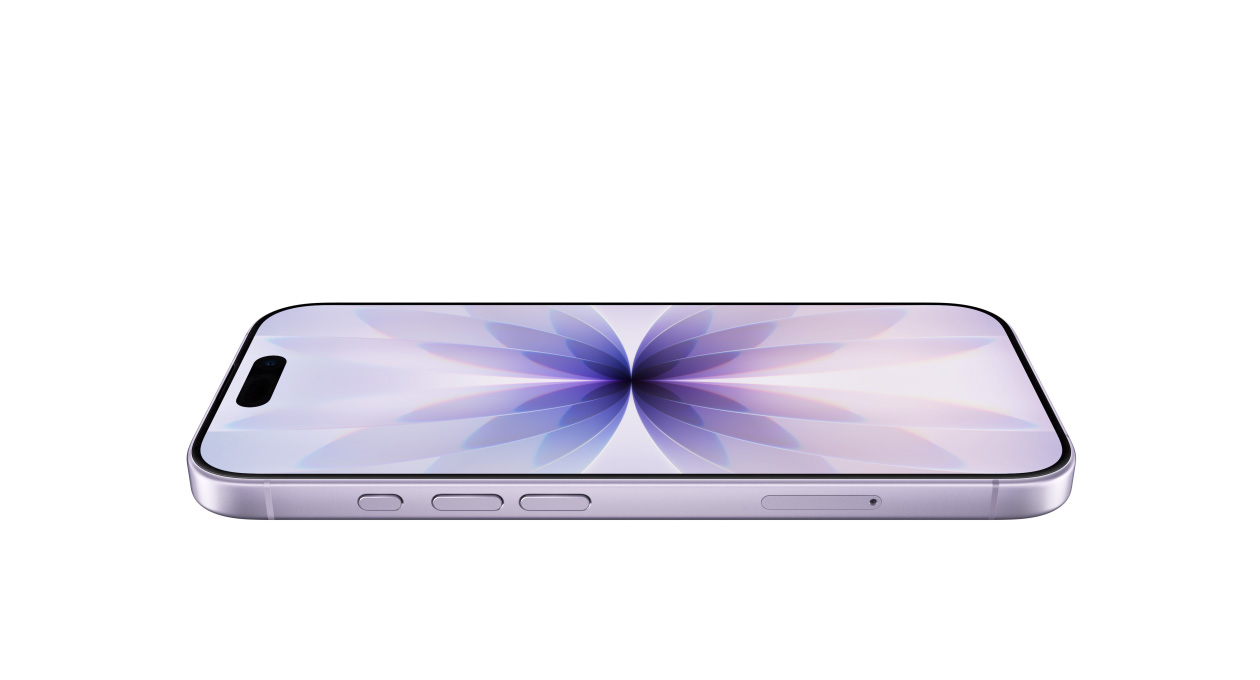 iPhone 17, front exterior with Ceramic Shield, side exterior, lavender colour, buttons: action, volume, Dynamic Island centred near top