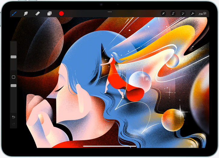 iPad Air بالوضع الأفقي، يُعرض على شاشته رسماً في تطبيق Procreate‏