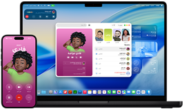 جهازا MacBook Pro وiPhone 16 Plus، تطبيق الهاتف مفتوح، جهة الاتصال نفسها معروضة على الشاشتين لتوضيح ميزة الاستمرارية