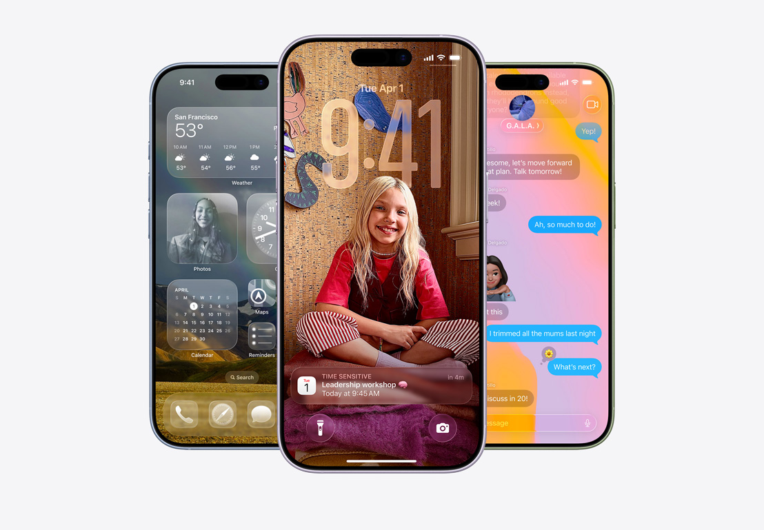 iPhone screen showing call screening pop-up, iPhone screen showing Calendar pop-up on personalized background with photo of a child, iPhone screen showing Messages with Liquid Glass design