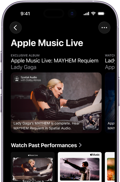 Apple Music Live-skjermen på iPhone viser Se nå og tidligere opptredener