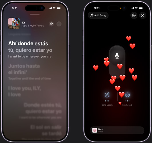 Ein iPhone auf der linken Seite zeigt den Apple Music Sing Modus auf dem iPhone, in dem «ILY» von Kapo und Myke Towers wiedergegeben wird. Ein iPhone auf der rechten Seite zeigt den Apple Music Sing Modus auf dem iPhone mit Herz-Emojis, die auf dem Bildschirm nach oben steigen, dem Mikrofonsymbol in der Mitte des Bildschirms und den Symbolen für Gesang und Mikrofonhall am unteren Bildschirmrand
