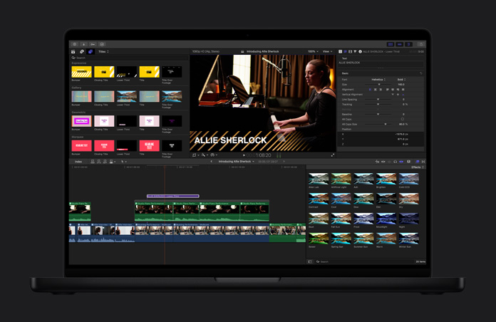 MacBook Pro 16, montage d’un clip vidéo montrant la gamme de titres et d’effets disponibles, le titre indique Allie Sherlock
