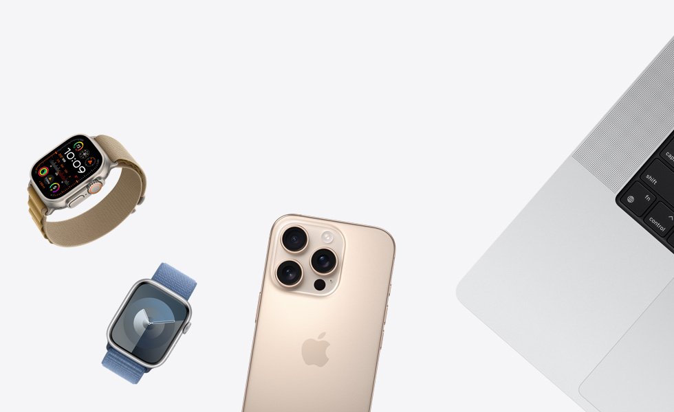 Seleção variada de produtos, incluindo Apple Watch natural com Loop Alpine bronze, Apple Watch prateado com Loop desportiva azul‑violeta, iPhone em titânio‑deserto e MacBook prateado