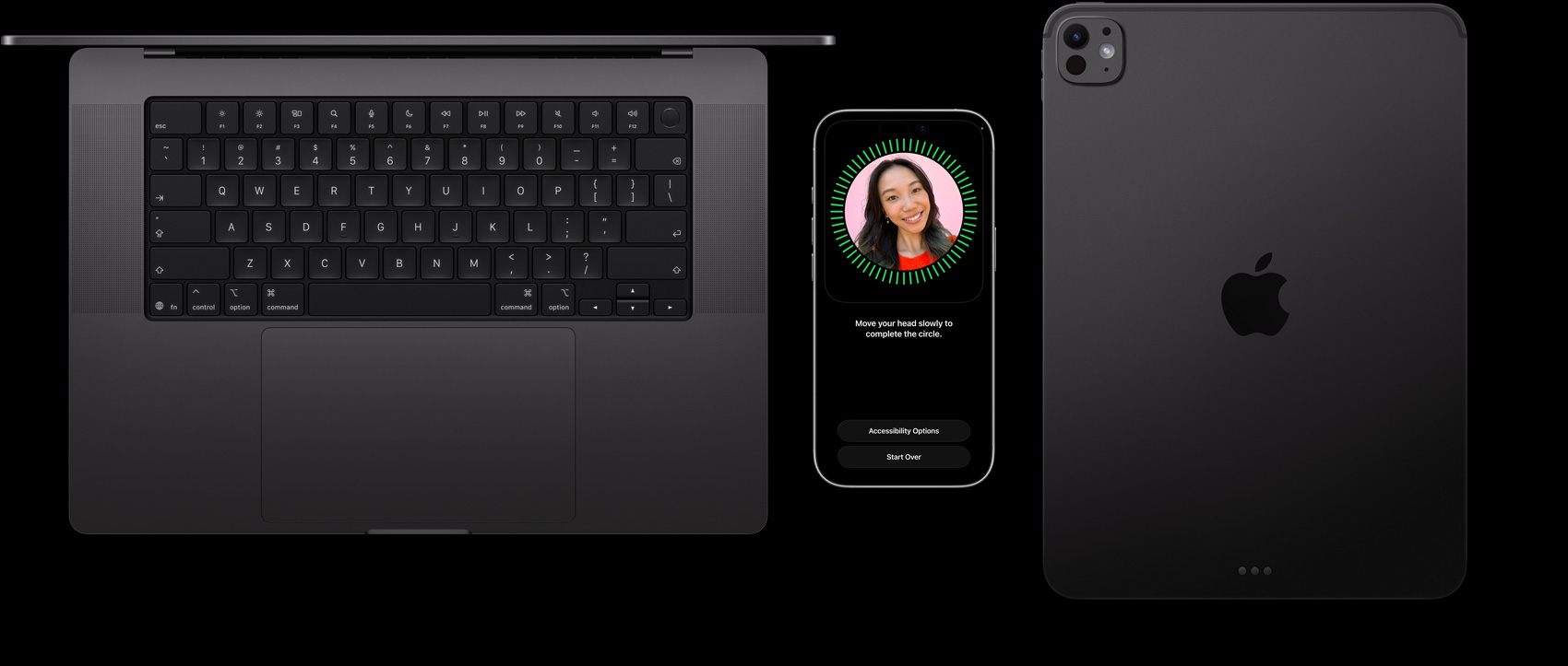 A MacBook in Space Black, an iPhone in Natural Titanium and an iPad in Space Black sit side-by-side with a Face ID setup displayed on the iPhone