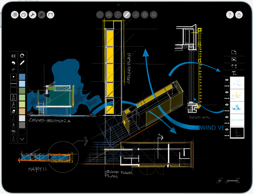 iPad Air, хоризонтална ориентация, екранът показва Morpholio Trace приложението