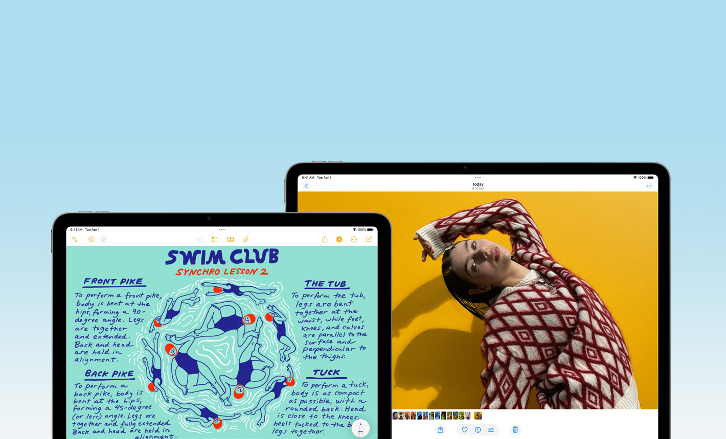 Изглед отпред на 11-инчов iPad Air, показващ Notes, и 13-инчов iPad Air, показващ Photos, за да се представят различните размери на дисплея