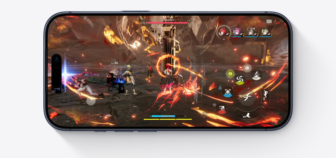 Parte da frente do iPhone 17 Pro, demonstração de desempenho do chip A19 Pro com uma cena do jogo Arknights: Endfield